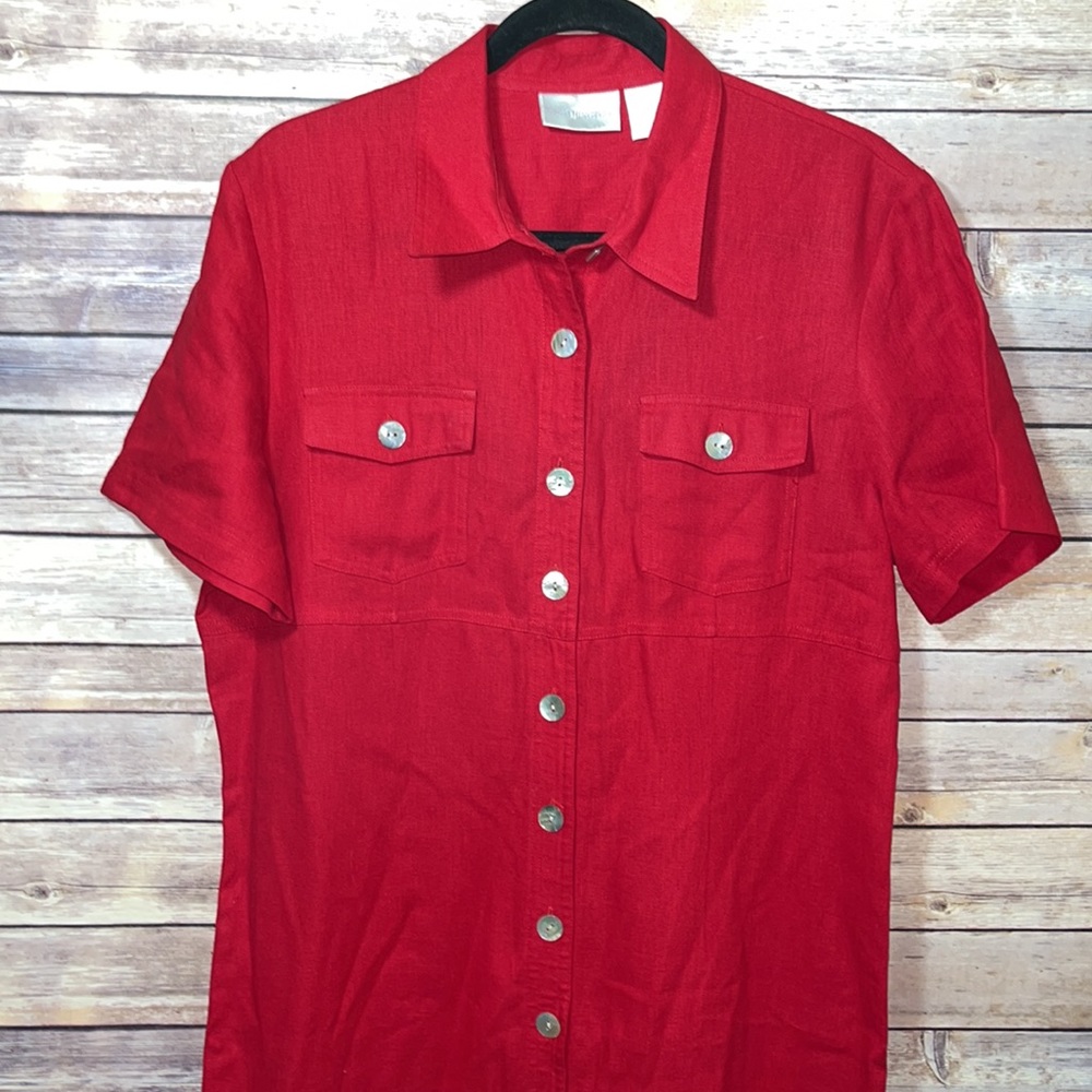 Red Button Down Linen Midi Dress Size 14 EUC - Picture 2 of 5
